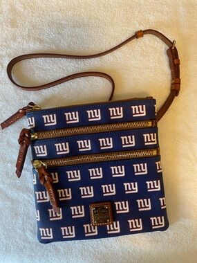 Dooney & Bourke Navy and White NY Logo Triple-Zip Crossbody